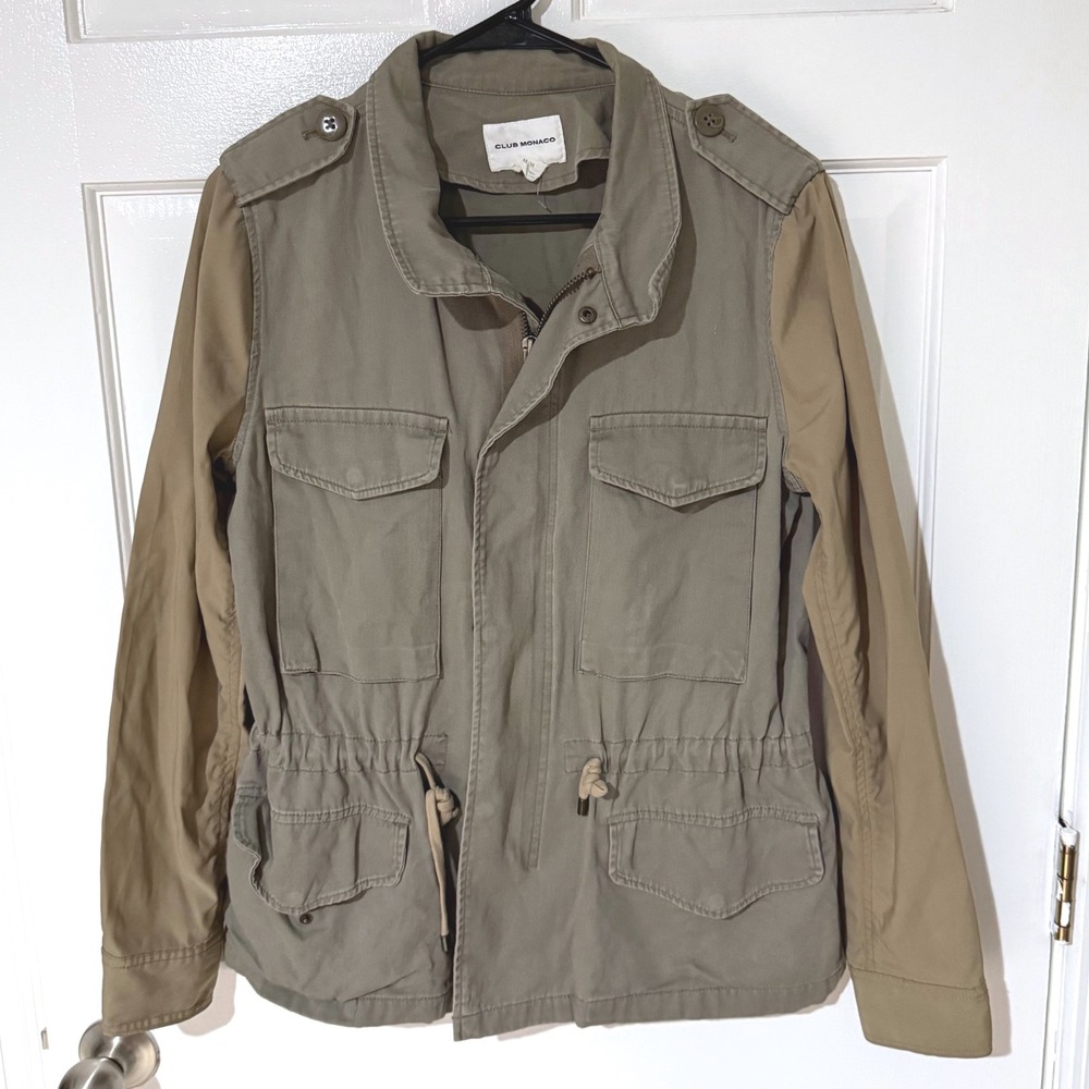 Club Monaco Womens Medium Utility Jacket Olive Green Tan Mixed Media Cotton